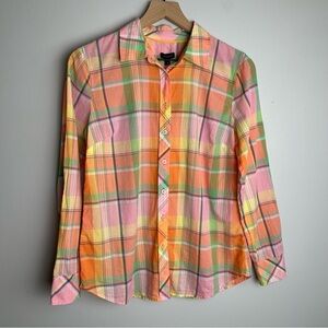 Talbots Lightweight Plaid Cotton Button Down Shirt, Size S, Orange Green Pink
